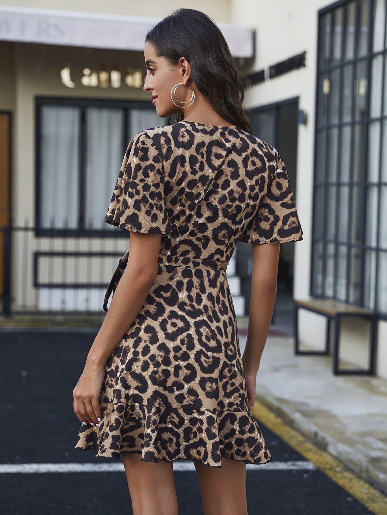 Leopard Print V-Neck Self-Tie Mini Wrap Short Dress
