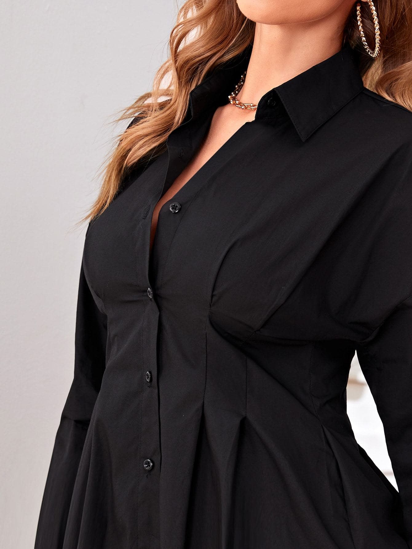 Drop Shoulder High Waist Button Front Ruched Waist Dress - Black