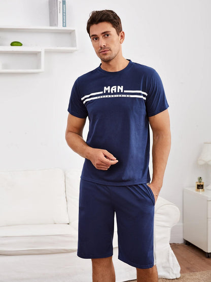 Round Neck Striped and Letter Graphic Pyjama Sleepwear Set