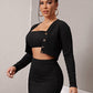 Black V-Neck Button Front Rib-knit Top & Skirt Set With Tube