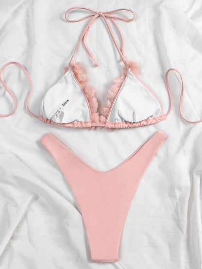 Pink Appliques Triangle Halter Bikini Swimwear