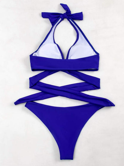 Royal Blue Crisscross Wrap Halter Neck Bikini Swimwear