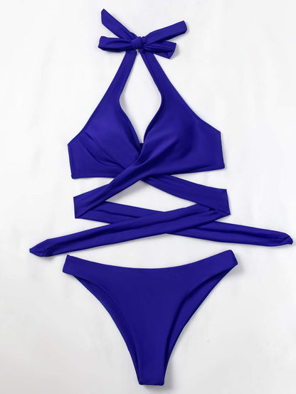 Royal Blue Crisscross Wrap Halter Neck Bikini Swimwear