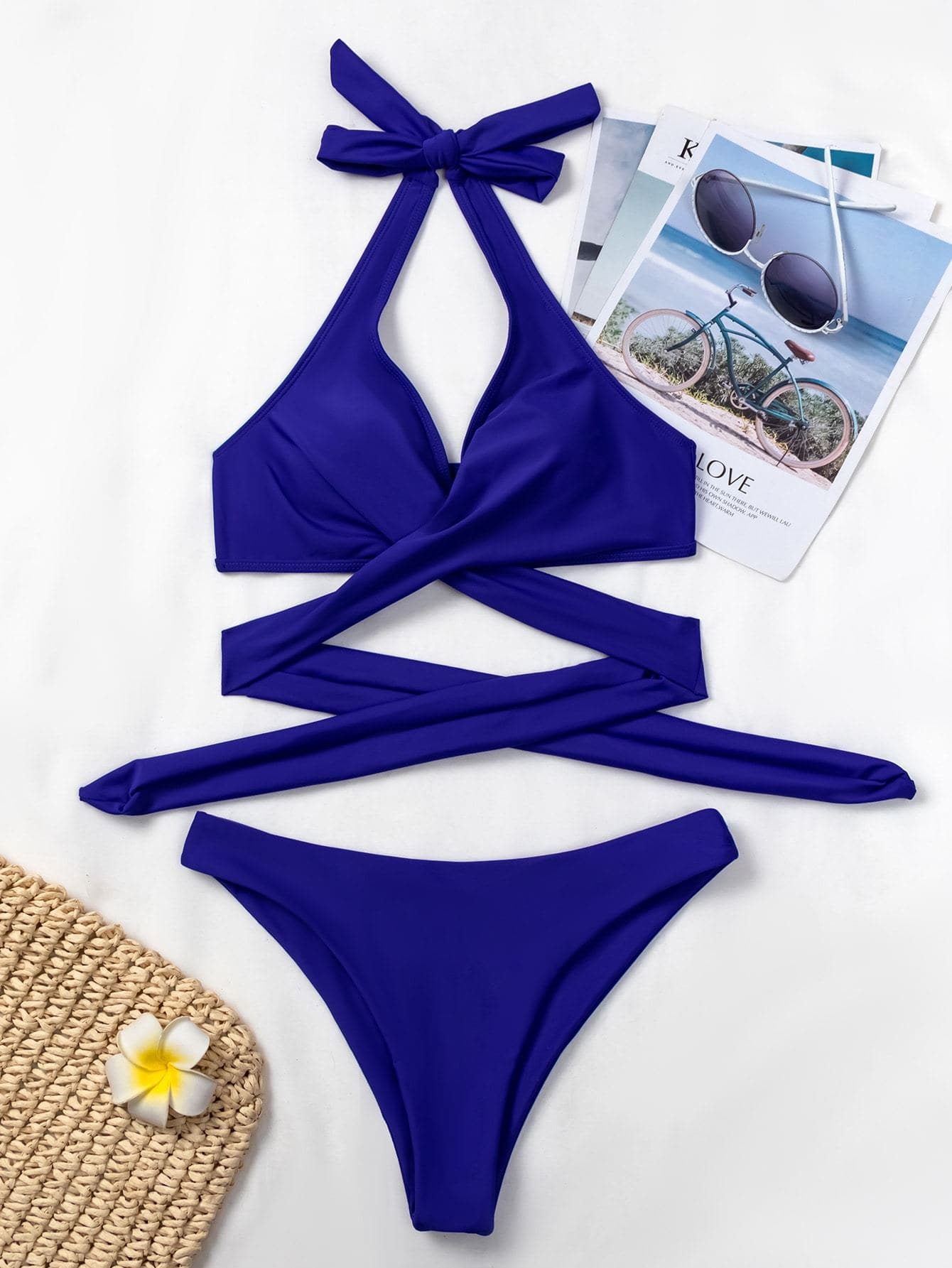 Royal Blue Crisscross Wrap Halter Neck Bikini Swimwear