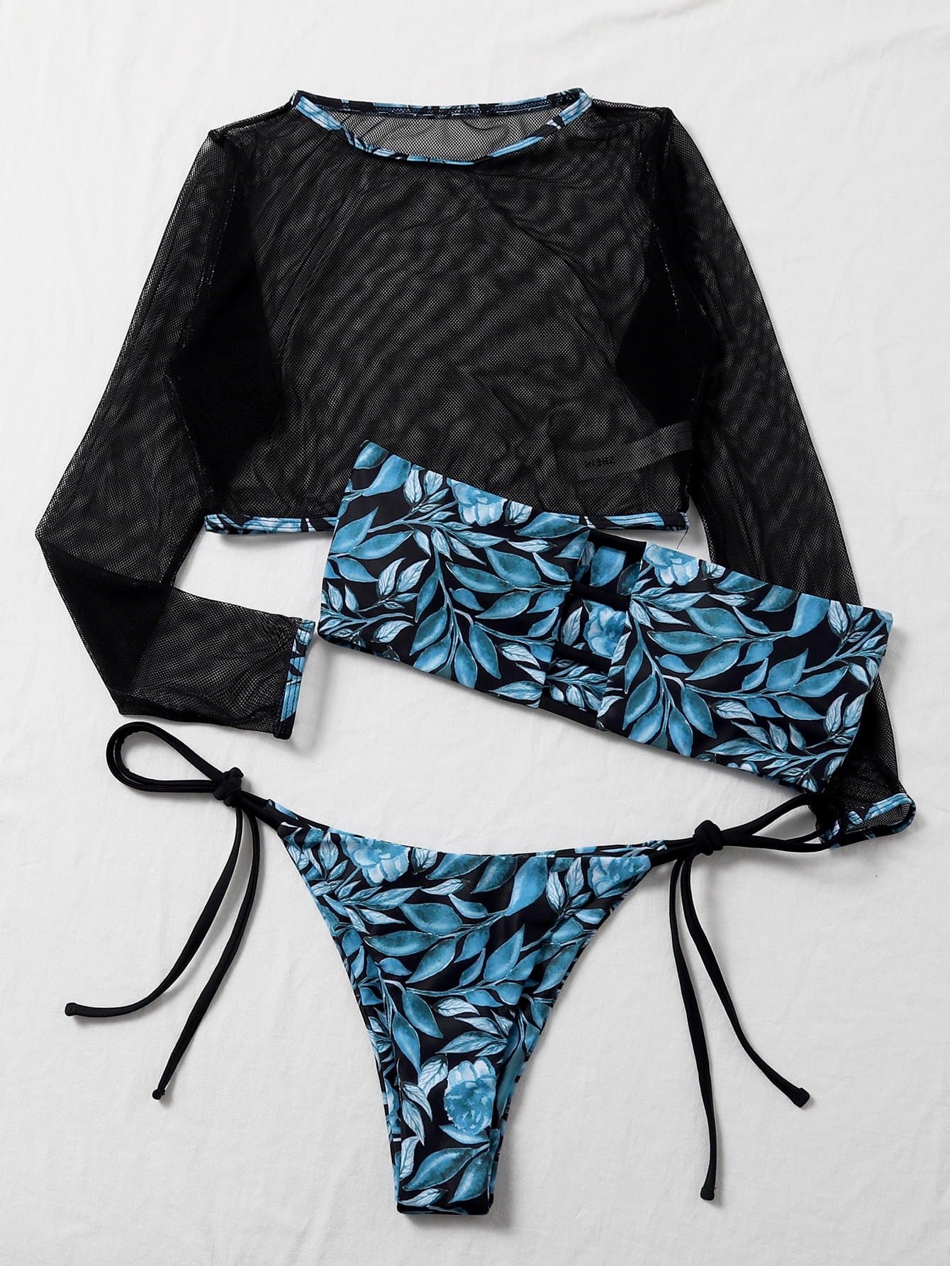 High Neck Leaf Print Contrast Mesh Bandeau Tie Side Bikini Swimwear