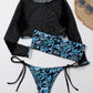 High Neck Leaf Print Contrast Mesh Bandeau Tie Side Bikini Swimwear