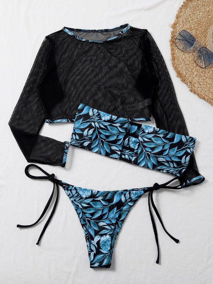 High Neck Leaf Print Contrast Mesh Bandeau Tie Side Bikini Swimwear