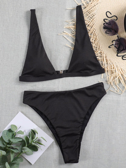 Spaghetti Strap Rib High Waisted Bikini Swimwear