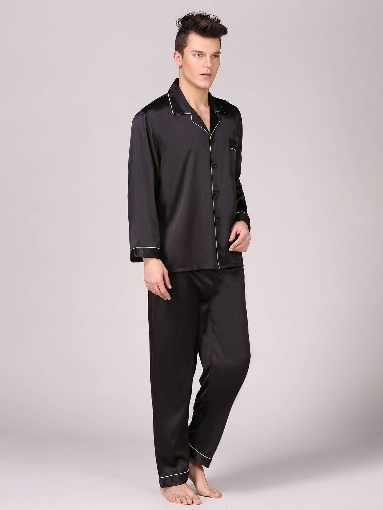 Lapel Collar Button Front Satin Pyjama Sleepwear Set