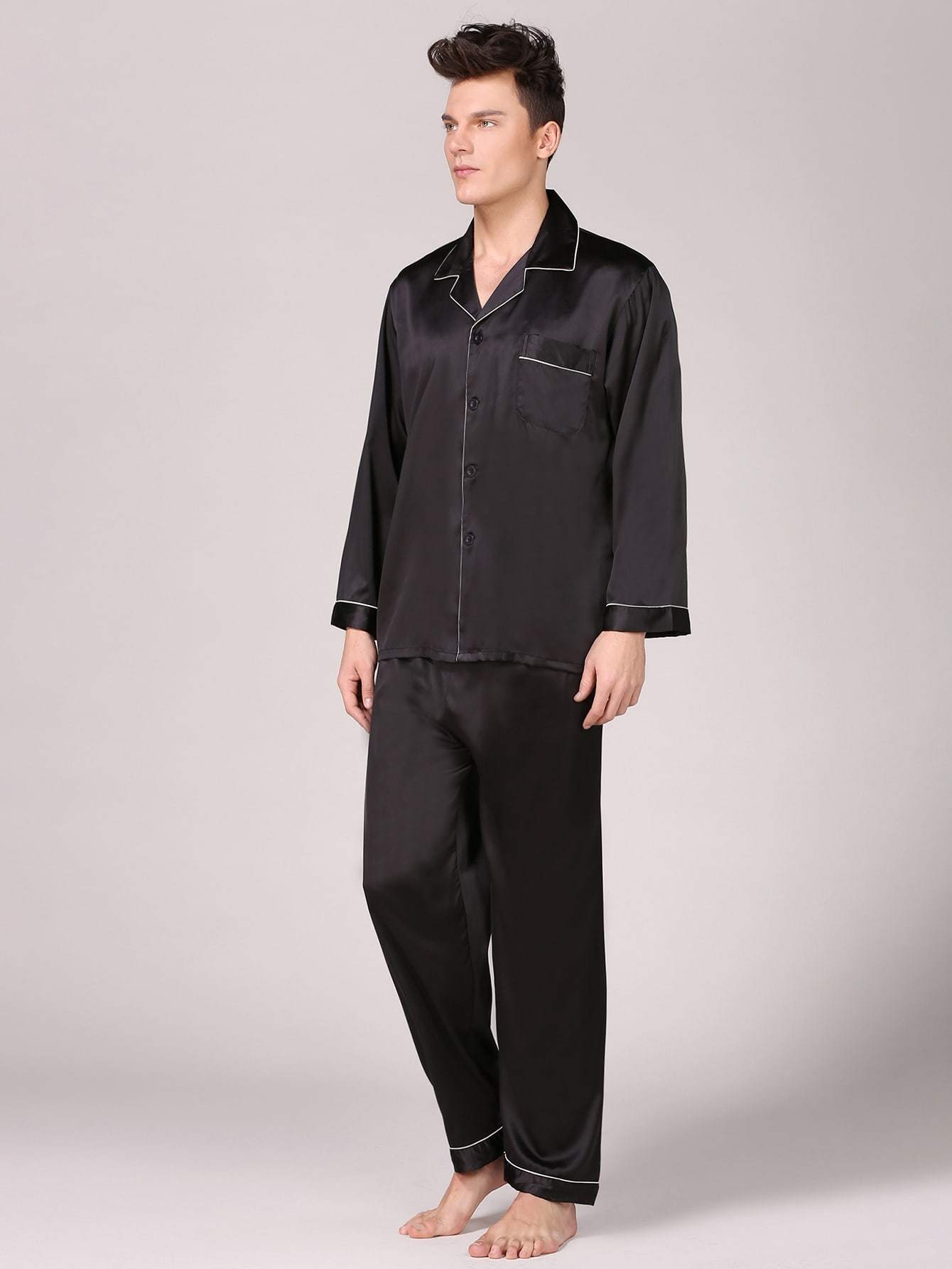 Lapel Collar Button Front Satin Pyjama Sleepwear Set