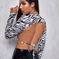 Round Neck Backless Knotted Zebra Striped Slim Fit Crop Top