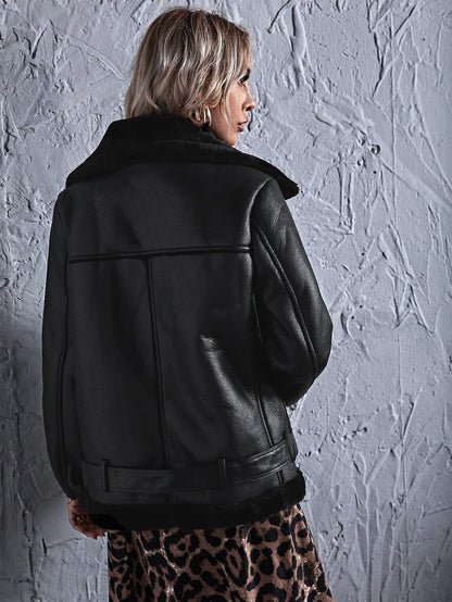 Black Pocket Zipper PU Leather Biker Jacket With Teddy Lining