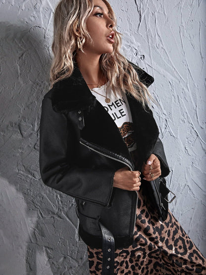 Black Pocket Zipper PU Leather Biker Jacket With Teddy Lining