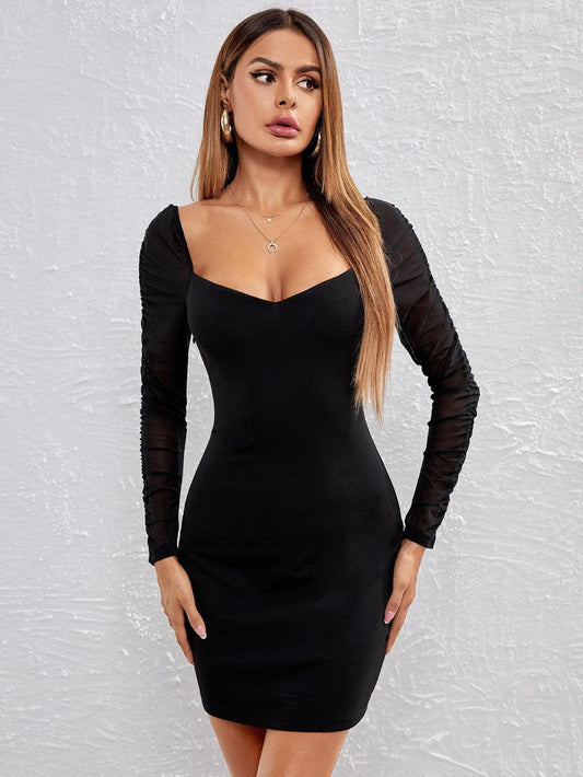 Black Ruched Mesh Sleeve Solid Slim Fit Dress