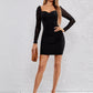 Black Ruched Mesh Sleeve Solid Slim Fit Dress