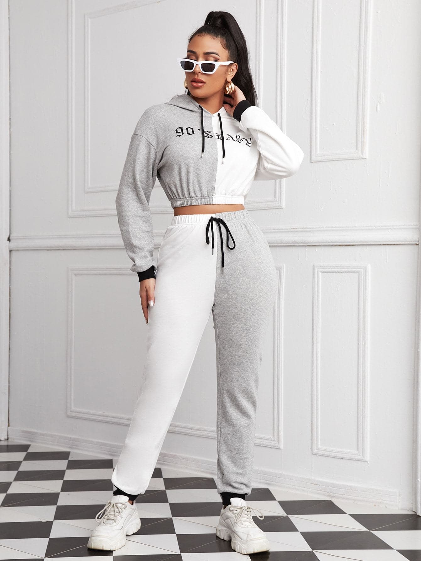 Drop Shoulder Spliced Letter Graphic Drawstring Hooded Top and Joggers Set