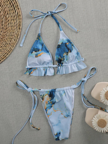 Water Color Micro Triangle Tie Side Boho Bikini Swimwear