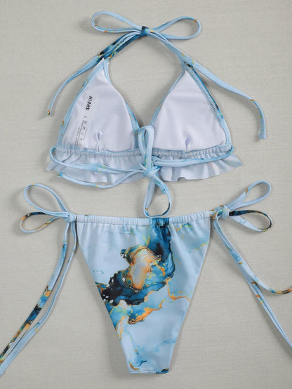 Water Color Micro Triangle Tie Side Boho Bikini Swimwear