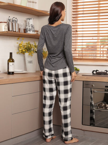 V-Neck Half Button Top and Plaid Trousers Pyjama Sleepwear Set