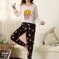 Black White Round Neck Slogan & Cartoon Graphic Pyjama Sleepwear Set
