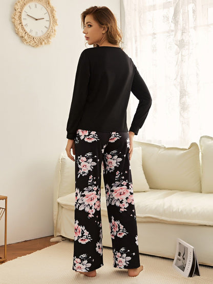 V-Neck Floral Print Knot Front Long Sleeve Pyjama Sleepwear Set