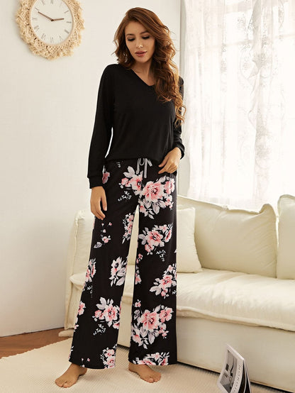 V-Neck Floral Print Knot Front Long Sleeve Pyjama Sleepwear Set