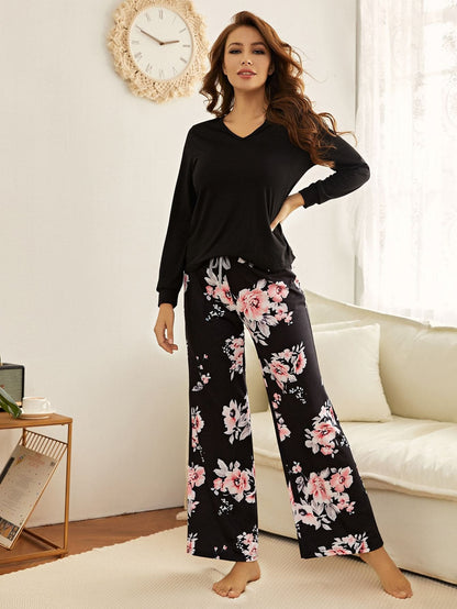 V-Neck Floral Print Knot Front Long Sleeve Pyjama Sleepwear Set