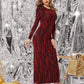 Burgundy Round Neck Glitter Contrast High Waist Sequin Slim Fit Dress