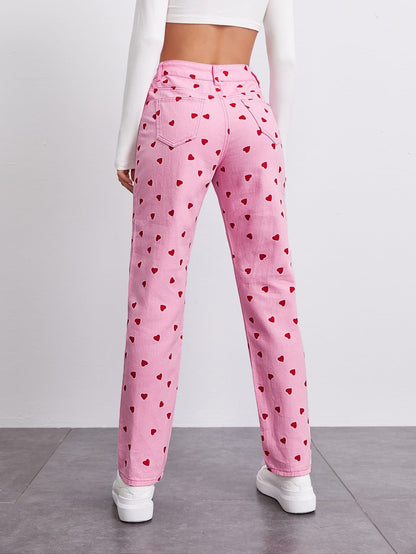 High Waist Heart Print Straight Leg Jeans