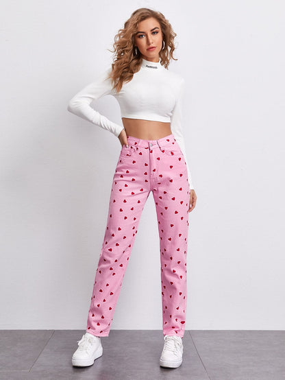 High Waist Heart Print Straight Leg Jeans