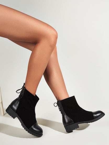 Black Round Toe Lace-Up Mid Heel Ankle Boots