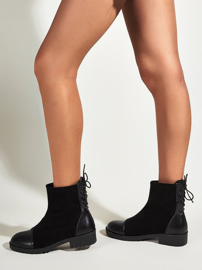 Black Round Toe Lace-Up Mid Heel Ankle Boots