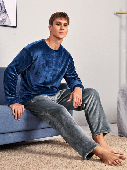 Round Neck Flannel Long Sleeve Pyjama Sleepwear Set