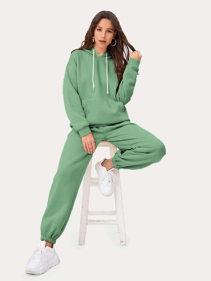 Drop Shoulder Pouch Pocket Drawstring Hoodie and Joggers Set