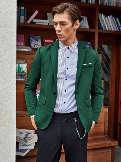 Dark Green Lapel Collar Flap Detail Single Button Blazer