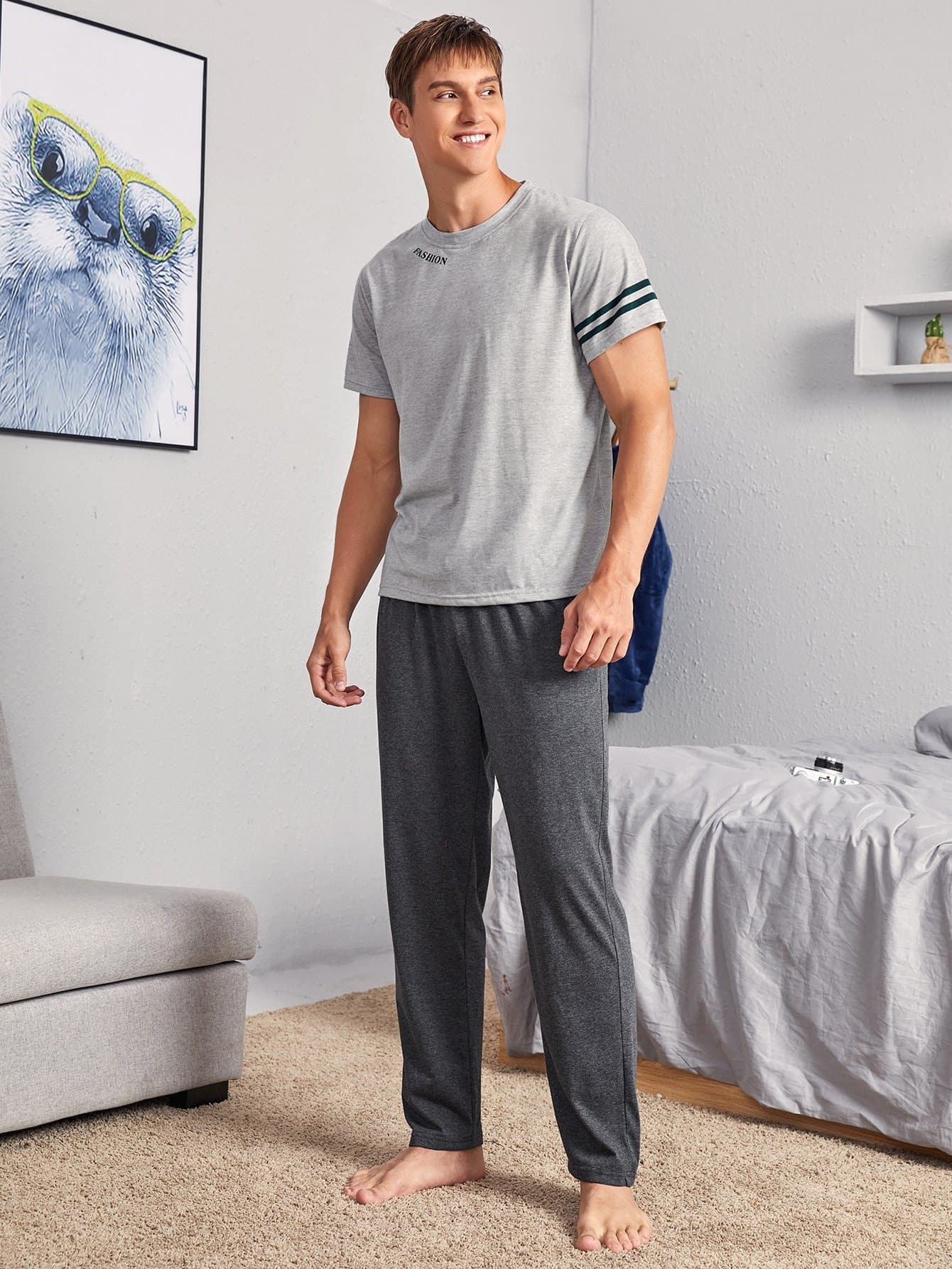 Round Neck Letter Graphic Striped Sleeve Pyjama Sleepwear Set