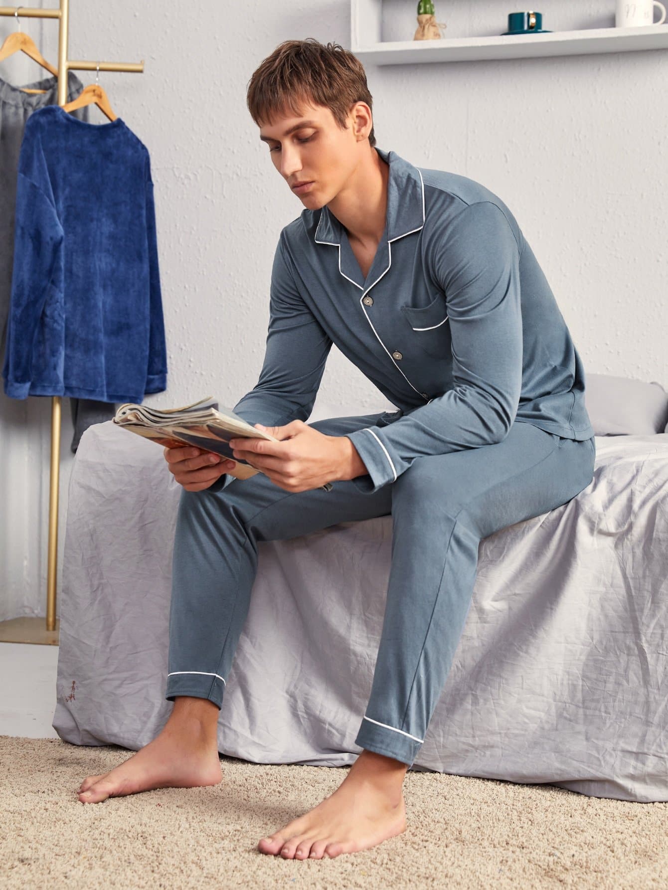 Dusty Blue Contrast Binding Button Front Pyjama Sleepwear Set