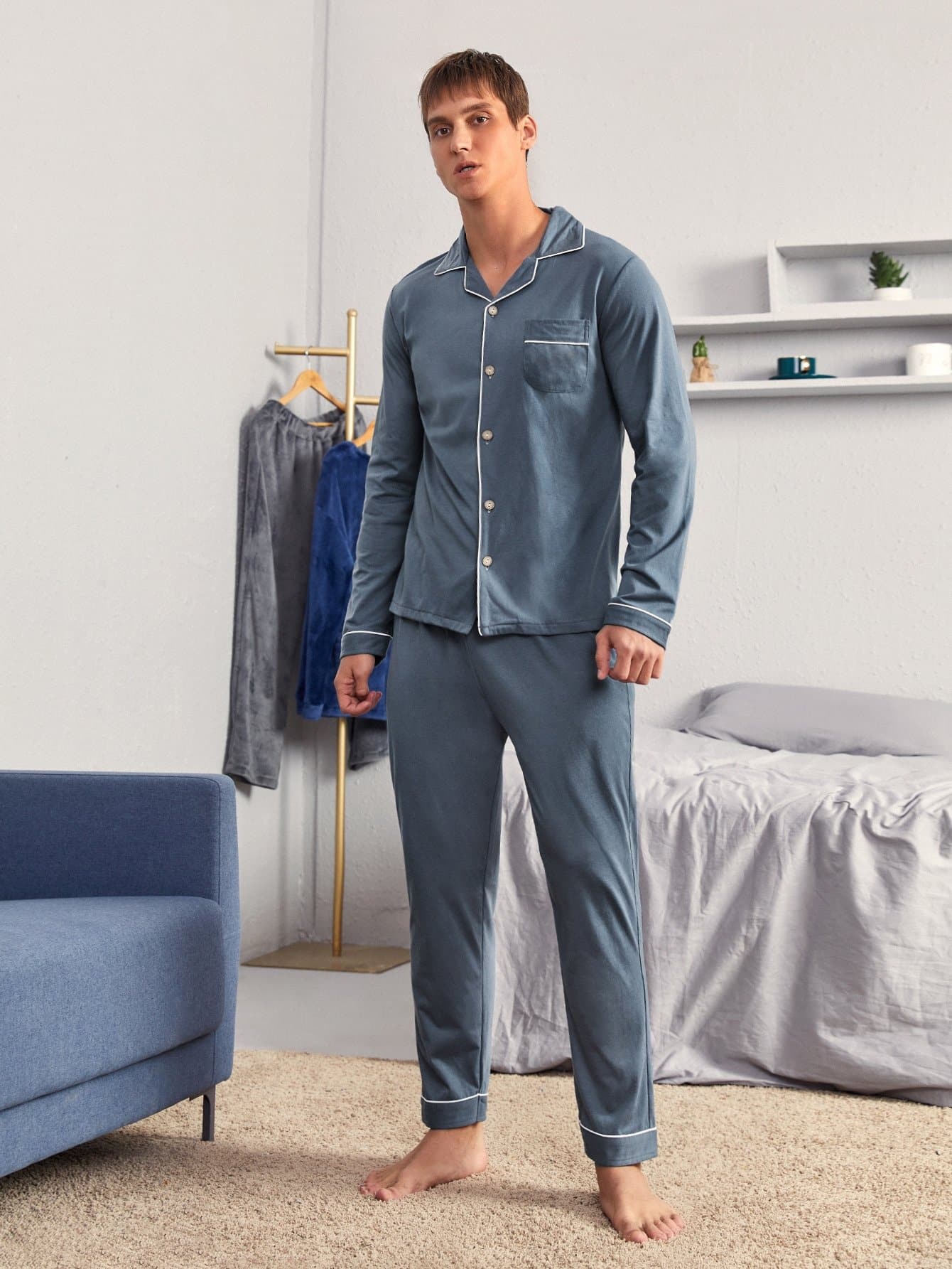 Dusty Blue Contrast Binding Button Front Pyjama Sleepwear Set
