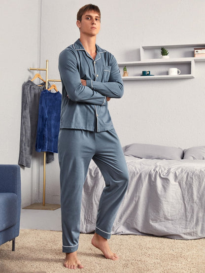 Dusty Blue Contrast Binding Button Front Pyjama Sleepwear Set