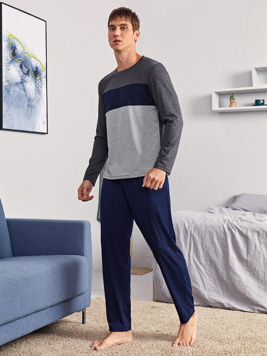 Round Neck Colour Block Long Sleeve Pyjama Sleepwear Set