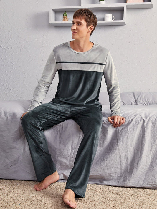 Round Neck Velvet Colour-block Pyjama Sleepwear Set