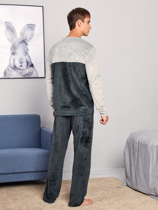 Round Neck Velvet Colour-block Pyjama Sleepwear Set