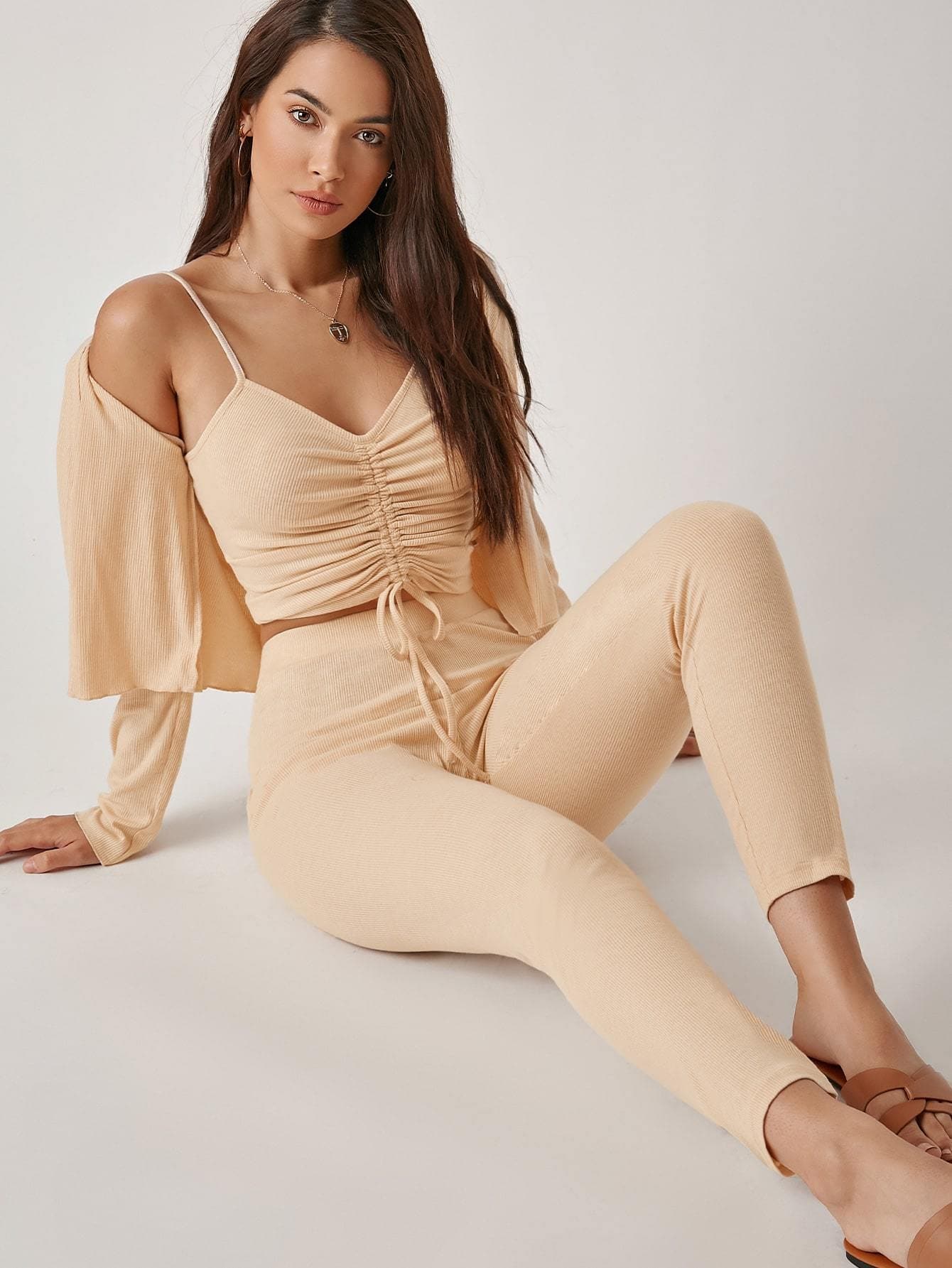 Spaghetti Strap Drawstring Knot Ruched Cami Top and Leggings Set With Coat