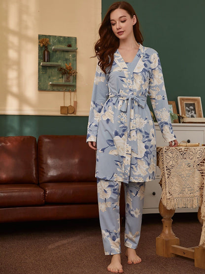 Allover Floral Print Self Tie Pyjama Sleepwear Set with Robe