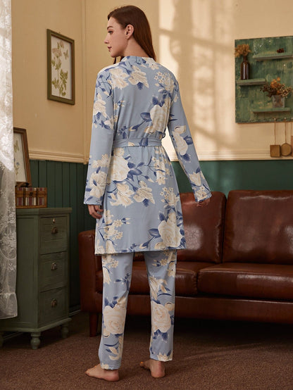 Allover Floral Print Self Tie Pyjama Sleepwear Set with Robe