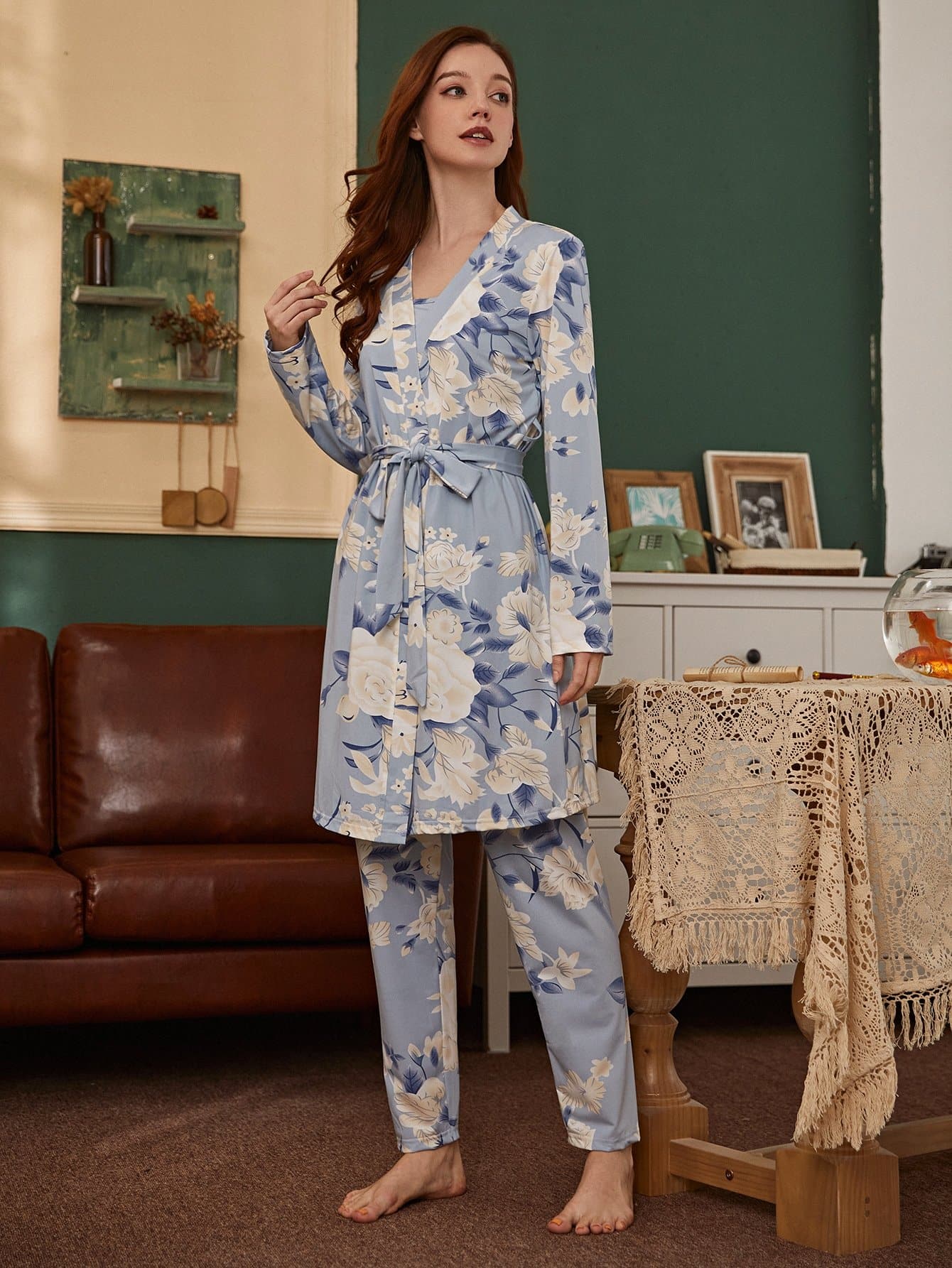 Allover Floral Print Self Tie Pyjama Sleepwear Set with Robe