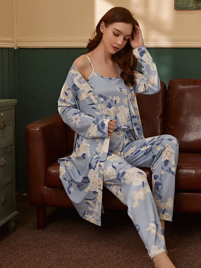 Allover Floral Print Self Tie Pyjama Sleepwear Set with Robe