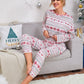 Round Neck Christmas Print Drawstring Hem Sleepwear Set