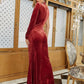Burgundy Stand Collar Ruched Detail Split Hem Velvet Slim Fit Dress