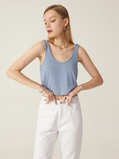 Dusty Blue Rayon Ribbed Cropped Sleeveless Backless Scoop Neck Top